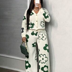 SHEIN Floral Wide Leg Pants - Green & Cream